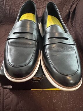 Cole Haan Black Leather Penny Loafers with White Sole and Yellow Insole